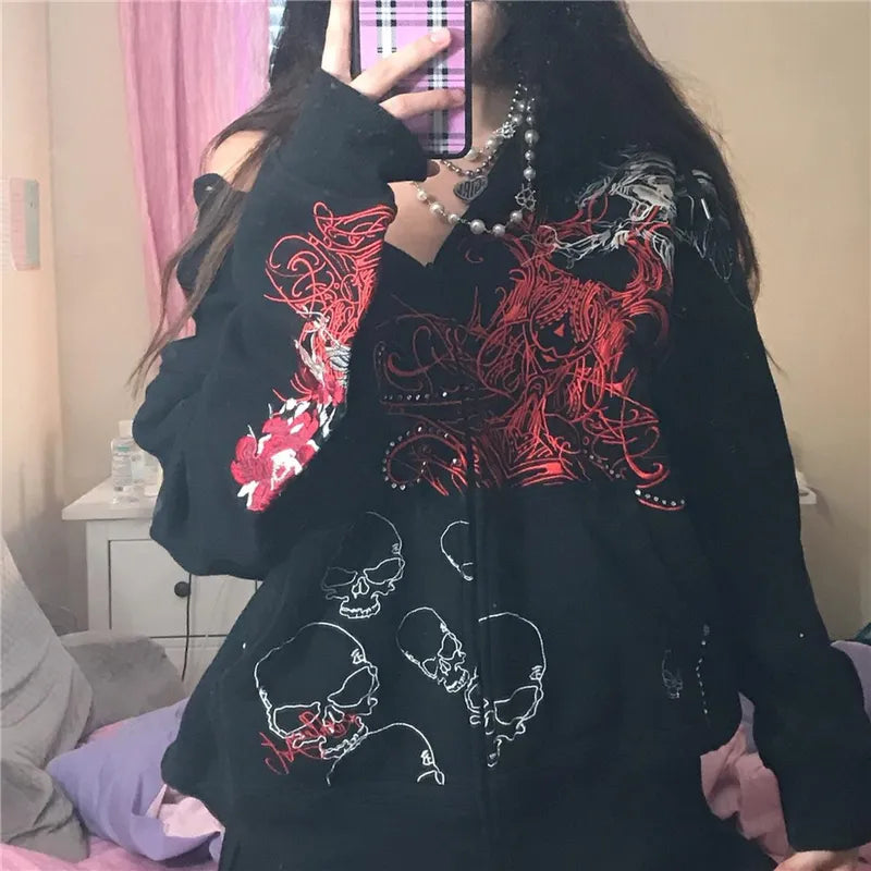Fairy Grunge Skull Print Long Sleeve Hooded Top Women
