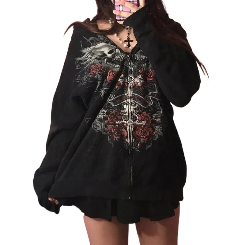 Fairy Grunge Skull Print Long Sleeve Hooded Top Women
