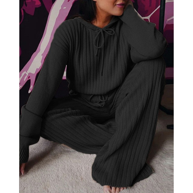 Casual Hooded Solid Rib Knit Long Sleeved High Waist Drawstring Straight Pants Loungewear Women